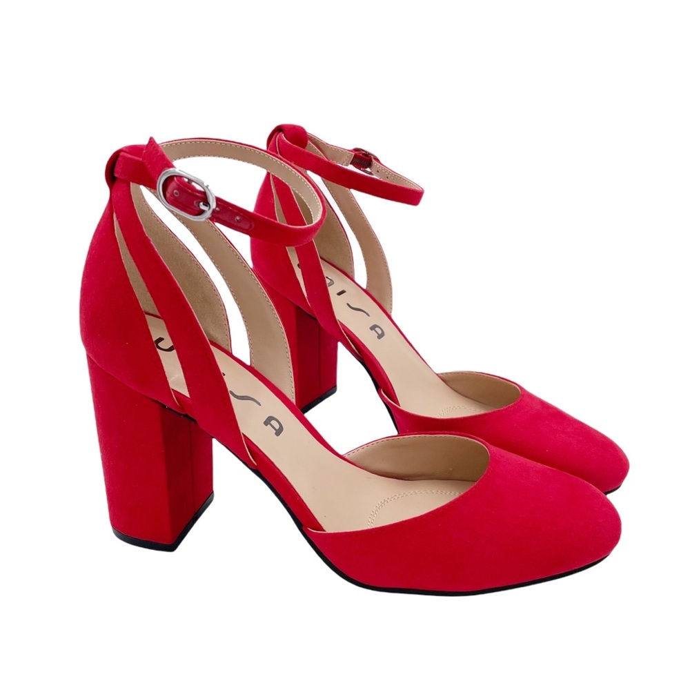 Unisa Kizzet Bright Red Velvety Suede Closed Toe Ankle Strap High Heels Size 8M